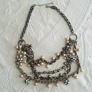 Talbots Pearl, Rhinestone and Ribbon Necklace
